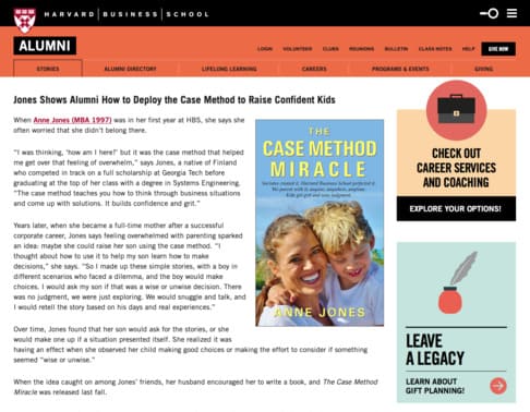 Screenshot of an article: Jones Shows Alumni How to Deploy the Case Method to Raise Confident Kids